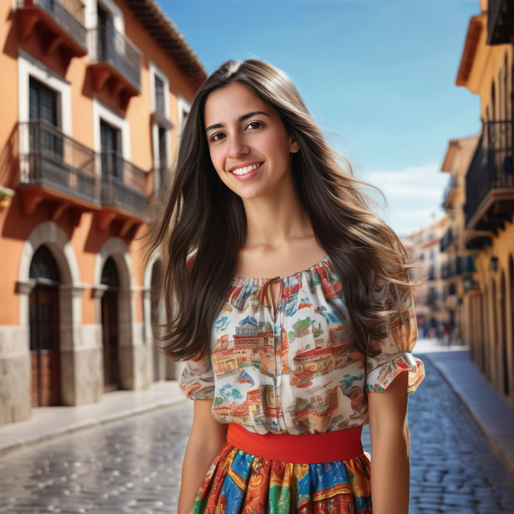 a young Spanish woman in her mid-20s. She has long, dark hair and is wearing fashionable, casual attire typical of Spain, such as a colorful blouse and a flowing skirt. She has a warm and friendly expression. The background features a vibrant Spanish street scene with traditional architecture, highlighting the cultural and lively atmosphere of Spain.