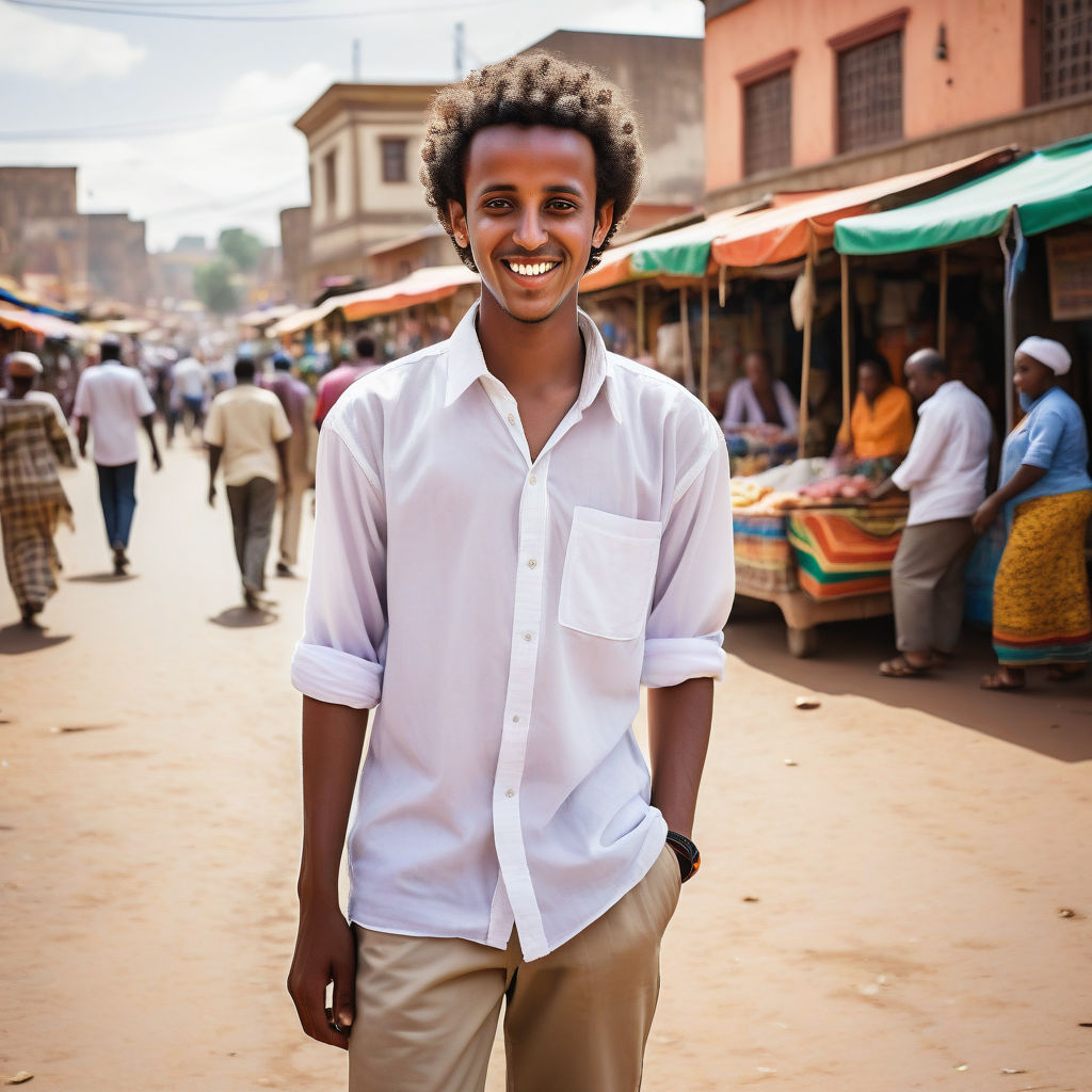 a young Ethiopian man in his mid-20s. He has short, curly black hair and a warm smile. His outfit reflects modern Ethiopian fashion: he is wearing a traditional white shamma with colorful borders, paired with casual trousers and sandals. The background features a lively Ethiopian street with vibrant markets and traditional architecture, capturing the essence of Ethiopian culture and style.