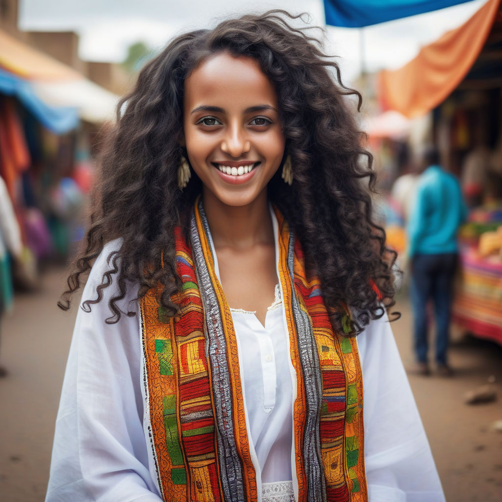 a young Ethiopian woman in her mid-20s. She has long, curly black hair and a bright smile. Her outfit reflects modern Ethiopian fashion: she is wearing a traditional white habesha kemis with intricate patterns and colorful borders, paired with a matching netela shawl. The background features a lively Ethiopian street with vibrant markets and traditional architecture, capturing the essence of Ethiopian culture and style.