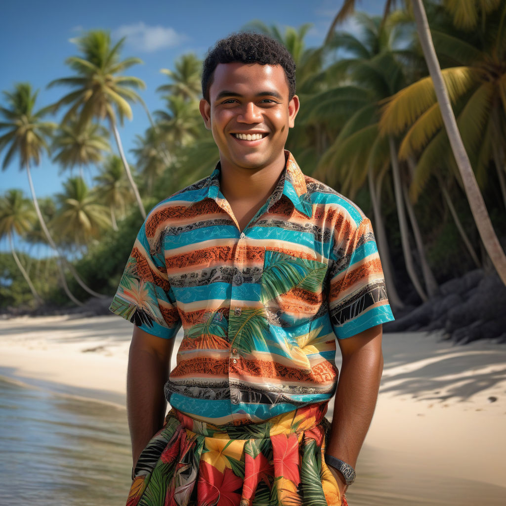 a young Fijian man in his mid-20s from Fiji. He has short, curly black hair and a warm smile. His outfit reflects traditional Fijian fashion: he is wearing a colorful bula shirt paired with a sulu (traditional skirt-like garment) and sandals. The background features a picturesque Fijian beach with palm trees and clear blue water, capturing the essence of Fijian culture and style.