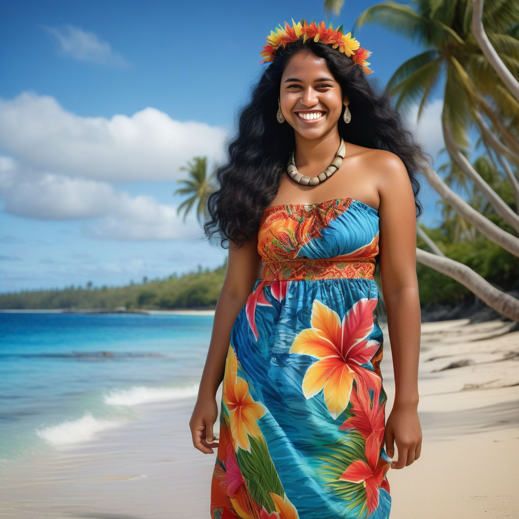 a young Fijian woman in her mid-20s from Fiji. She has long, wavy black hair and a bright smile. Her outfit reflects traditional Fijian fashion: she is wearing a colorful bula dress paired with traditional jewelry and sandals. The background features a picturesque Fijian beach with palm trees and clear blue water, capturing the essence of Fijian culture and style.