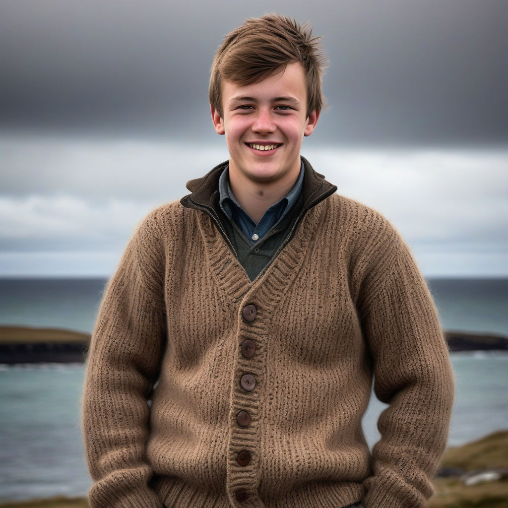 a young Falkland Islander man in his mid-20s from the Falkland Islands. He has short, light brown hair and a friendly, confident smile. His outfit reflects traditional Falkland Islands fashion: he is wearing a warm, knitted sweater with a rugged jacket, paired with sturdy trousers and boots suitable for the windy climate. The background features a picturesque view of the Falkland Islands' coastal landscape with rolling hills and the South Atlantic Ocean, capturing the essence of Falkland Islands culture and style.