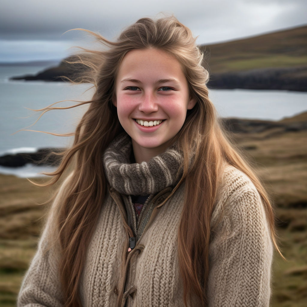 a young Falkland Islander woman in her mid-20s from the Falkland Islands. She has long, light brown hair and a warm, bright smile. Her outfit reflects traditional Falkland Islands fashion: she is wearing a cozy, knitted sweater with a practical, warm jacket, paired with sturdy trousers and boots suitable for the windy climate. The background features a beautiful view of the Falkland Islands' coastal landscape with rolling hills and the South Atlantic Ocean, capturing the essence of Falkland Islands culture and style.