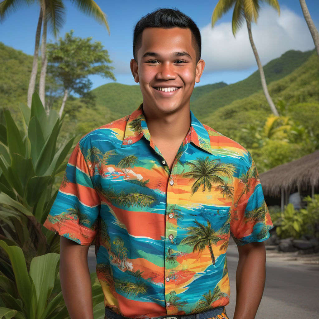 a young Micronesian man in his mid-20s from Micronesia. He has short, wavy black hair and a friendly, relaxed smile. His outfit reflects traditional Micronesian fashion: he is wearing a brightly colored, tropical shirt with island patterns, paired with casual shorts and flip-flops. The background features a picturesque Micronesian beach with clear blue waters and lush palm trees, capturing the essence of Micronesian culture and style.