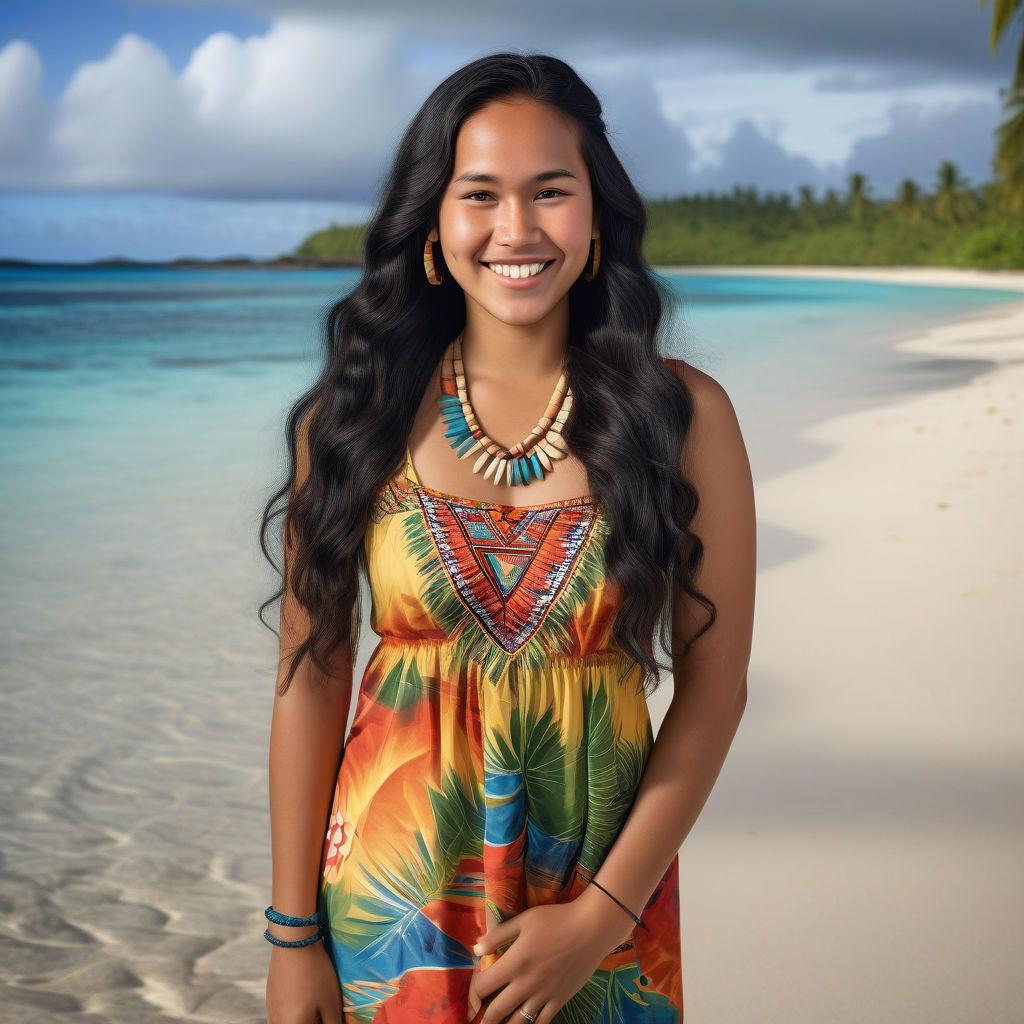 a young Micronesian woman in her mid-20s from Micronesia. She has long, wavy black hair and a warm, radiant smile. Her outfit reflects traditional Micronesian fashion: she is wearing a colorful, tropical dress with island patterns, paired with simple jewelry and sandals. The background features a beautiful Micronesian beach with clear blue waters and lush palm trees, capturing the essence of Micronesian culture and style.