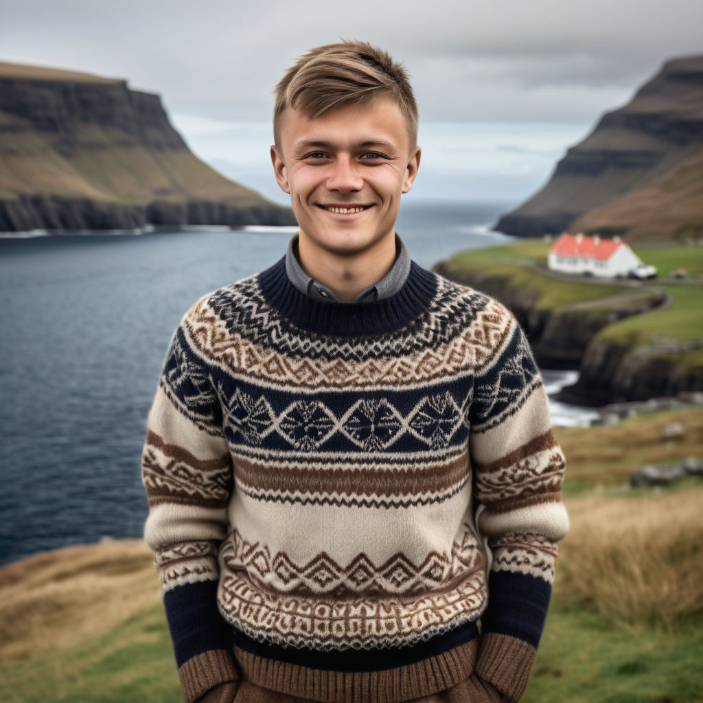 a young Faroese man in his mid-20s from the Faroe Islands. He has short, light brown hair and a friendly, confident smile. His outfit reflects traditional Faroese fashion: he is wearing a warm, knitted sweater with intricate Nordic patterns, paired with sturdy trousers and boots. The background features a picturesque Faroese landscape with dramatic cliffs and the North Atlantic Ocean, capturing the essence of Faroese culture and style.