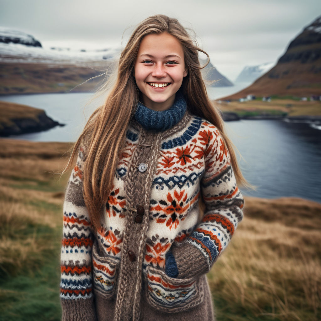 a young Faroese woman in her mid-20s from the Faroe Islands. She has long, light brown hair and a warm, bright smile. Her outfit reflects traditional Faroese fashion: she is wearing a cozy, knitted sweater with intricate Nordic patterns, paired with a stylish coat and sturdy boots. The background features a beautiful Faroese landscape with dramatic cliffs and the North Atlantic Ocean, capturing the essence of Faroese culture and style.