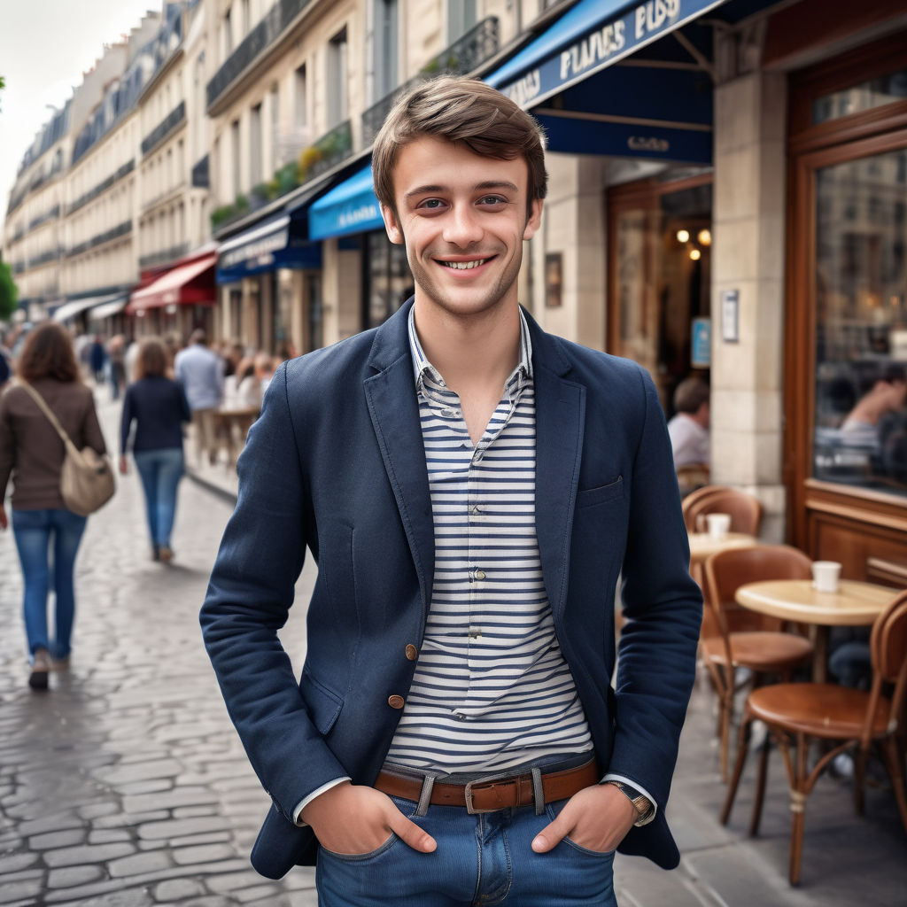 a young French man in his mid-20s. He has short, neatly styled brown hair, blue eyes, and a confident smile. He is dressed in typical French casual attire, wearing a fitted striped shirt, a stylish blazer, slim-fit jeans, and leather shoes. The background shows a charming Parisian street with cafés, cobblestone pathways, and the Eiffel Tower in the distance, capturing the elegant and timeless French style.