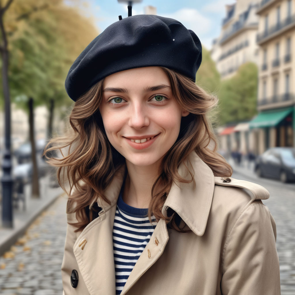 a young French woman in her mid-20s. She has shoulder-length, wavy brown hair, green eyes, and a warm smile. She is dressed in typical French casual attire, wearing a chic beret, a fitted striped shirt, a stylish trench coat, slim-fit jeans, and ankle boots. The background shows a picturesque Parisian street with cafés, cobblestone pathways, and the Eiffel Tower in the distance, capturing the elegant and timeless French style.