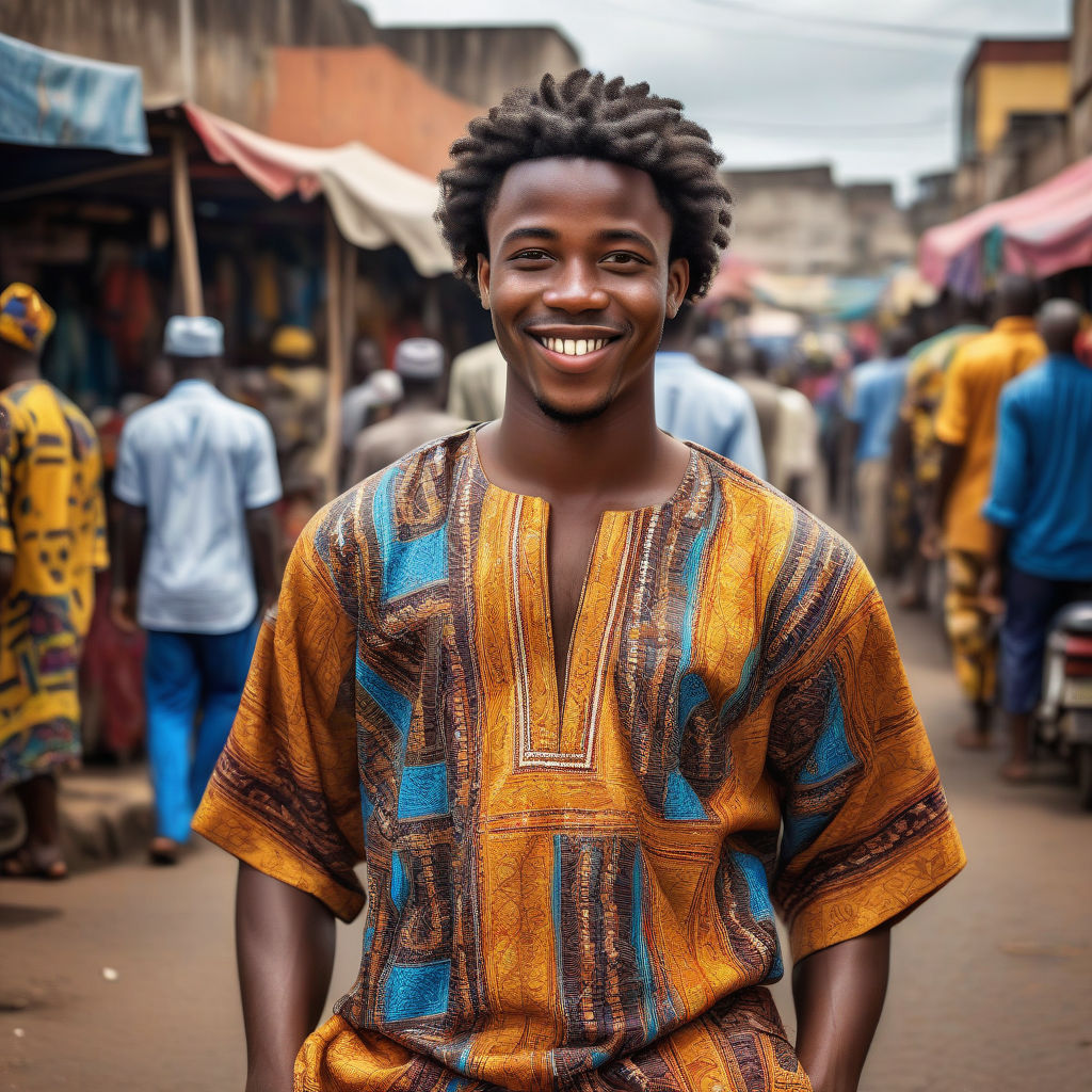 a young Gabonese man in his mid-20s. He has short, curly black hair and a warm smile. His outfit reflects modern Gabonese fashion: he is wearing a traditional boubou with vibrant patterns, paired with comfortable trousers and leather sandals. The background features a lively Gabonese street with bustling markets and traditional architecture, capturing the essence of Gabonese culture and style.