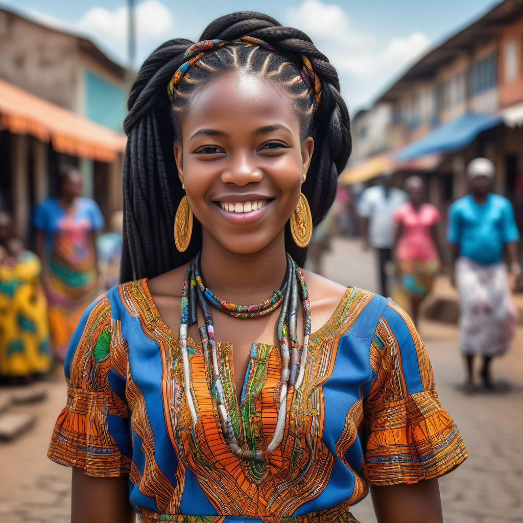 a young Gabonese woman in her mid-20s. She has long, braided black hair and a bright smile. Her outfit reflects modern Gabonese fashion: she is wearing a traditional pagne dress with vibrant patterns, paired with traditional jewelry. The background features a lively Gabonese street with bustling markets and traditional architecture, capturing the essence of Gabonese culture and style.