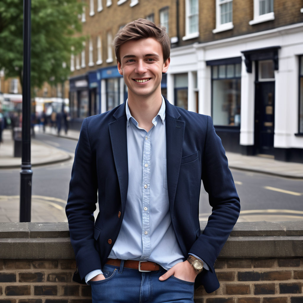 a young British man in his mid-20s. He has short, neatly styled brown hair, light blue eyes, and a friendly smile. He is dressed in modern British casual attire, wearing a well-fitted dark blue blazer over a white shirt, slim-fit jeans, and polished brown shoes. The background shows a classic London street with iconic red telephone boxes and historic buildings, capturing the essence of contemporary British fashion and culture.