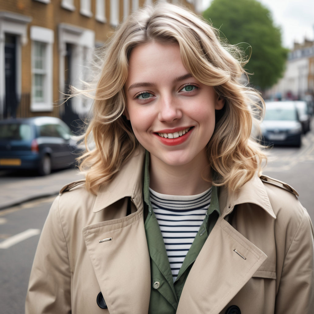 a young British woman in her mid-20s. She has shoulder-length, wavy blonde hair, green eyes, and a warm smile. She is dressed in modern British casual attire, wearing a stylish trench coat over a striped top, high-waisted jeans, and ankle boots. The background shows a classic London street with iconic red telephone boxes and historic buildings, capturing the essence of contemporary British fashion and culture.