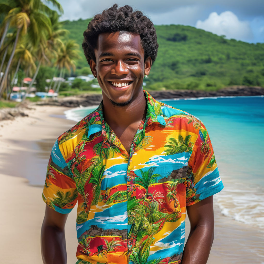 a young Grenadian man in his mid-20s from Grenada. He has short, curly black hair and a bright, friendly smile. His outfit reflects traditional Grenadian fashion: he is wearing a colorful, tropical shirt with island patterns, paired with casual shorts and sandals. The background features a beautiful Grenadian beach with clear blue waters and lush palm trees, capturing the essence of Grenadian culture and style.