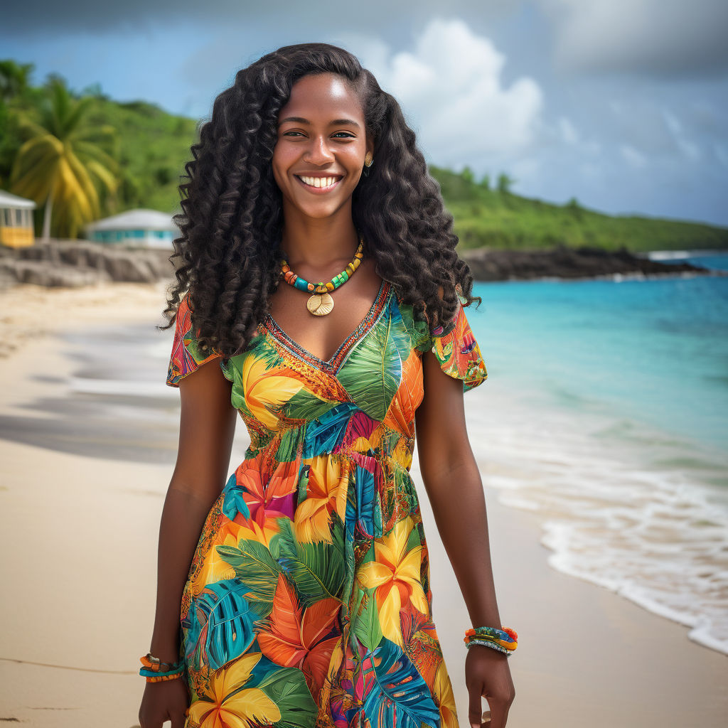 a young Grenadian woman in her mid-20s from Grenada. She has long, curly black hair and a warm, radiant smile. Her outfit reflects traditional Grenadian fashion: she is wearing a colorful, tropical dress with vibrant patterns, paired with simple jewelry and sandals. The background features a picturesque Grenadian beach with clear blue waters and lush palm trees, capturing the essence of Grenadian culture and style.