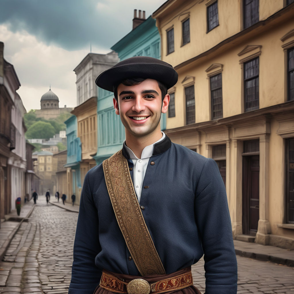 a young Georgian man in his mid-20s. He has short, dark hair and a friendly smile. His outfit reflects traditional Georgian fashion: he is wearing a chokha with a decorative belt and a papakha hat. The background features a picturesque Georgian street with historic buildings and a vibrant atmosphere, capturing the essence of Georgian culture and style.