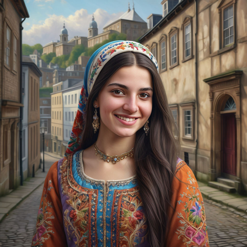 a young Georgian woman in her mid-20s. She has long, dark hair and a warm smile. Her outfit reflects traditional Georgian fashion: she is wearing a colorful, intricately embroidered dress paired with traditional jewelry and a headscarf. The background features a picturesque Georgian street with historic buildings and a vibrant atmosphere, capturing the essence of Georgian culture and style.