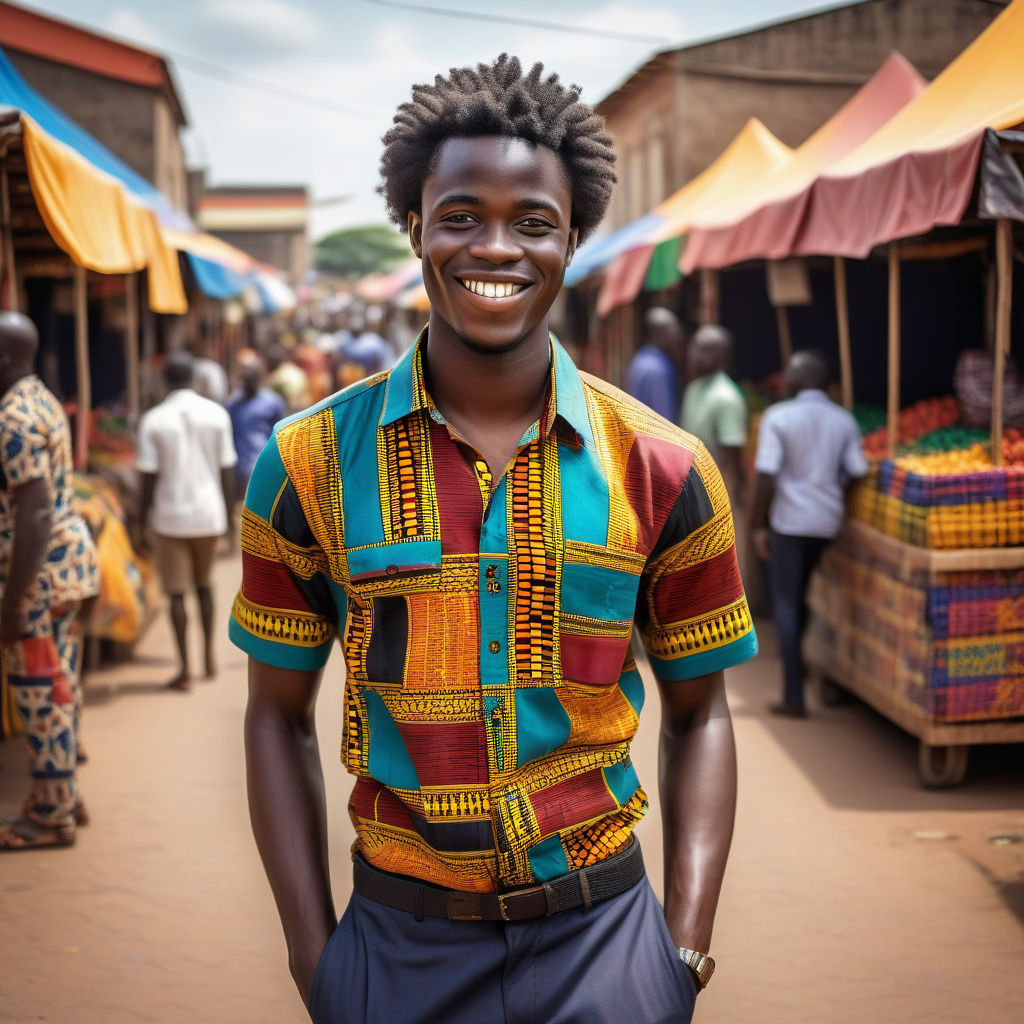 a young Ghanaian man in his mid-20s. He has short, curly black hair and a warm smile. His outfit reflects modern Ghanaian fashion: he is wearing a traditional kente cloth shirt with vibrant patterns, paired with fitted trousers and leather sandals. The background features a lively Ghanaian street with colorful markets and traditional architecture, capturing the essence of Ghanaian culture and style.