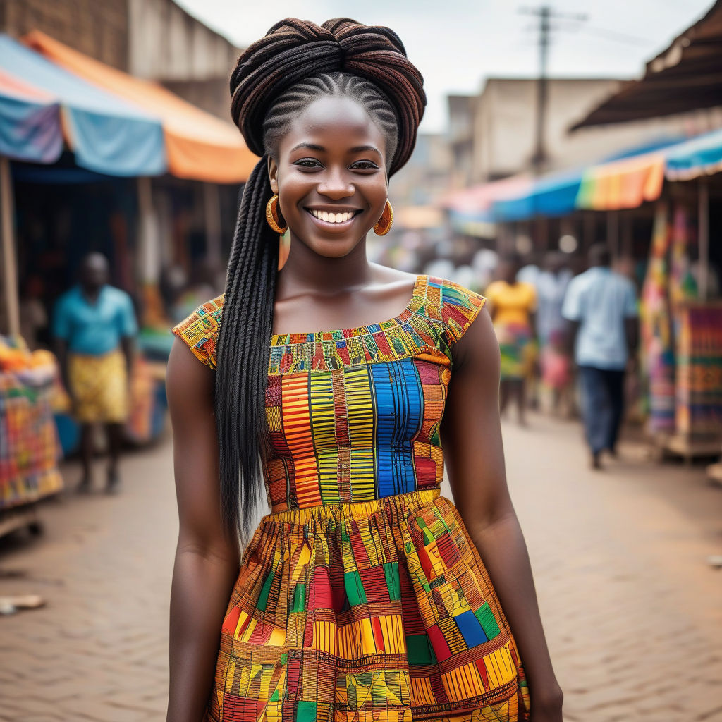 a young Ghanaian woman in her mid-20s. She has long, braided black hair and a bright smile. Her outfit reflects modern Ghanaian fashion: she is wearing a colorful kente dress with vibrant patterns, paired with traditional jewelry. The background features a lively Ghanaian street with bustling markets and traditional architecture, capturing the essence of Ghanaian culture and style.