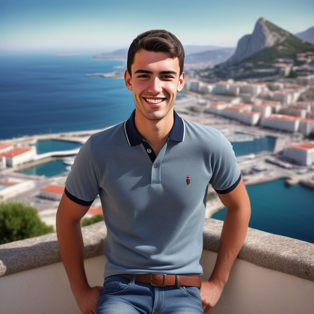 a young Gibraltarian man in his mid-20s from Gibraltar. He has short, dark hair and a confident, friendly smile. His outfit reflects traditional Gibraltarian fashion: he is wearing a casual yet stylish polo shirt, paired with well-fitted jeans and comfortable loafers. The background features a picturesque view of Gibraltar's famous Rock and the Mediterranean Sea, capturing the essence of Gibraltarian culture and style.