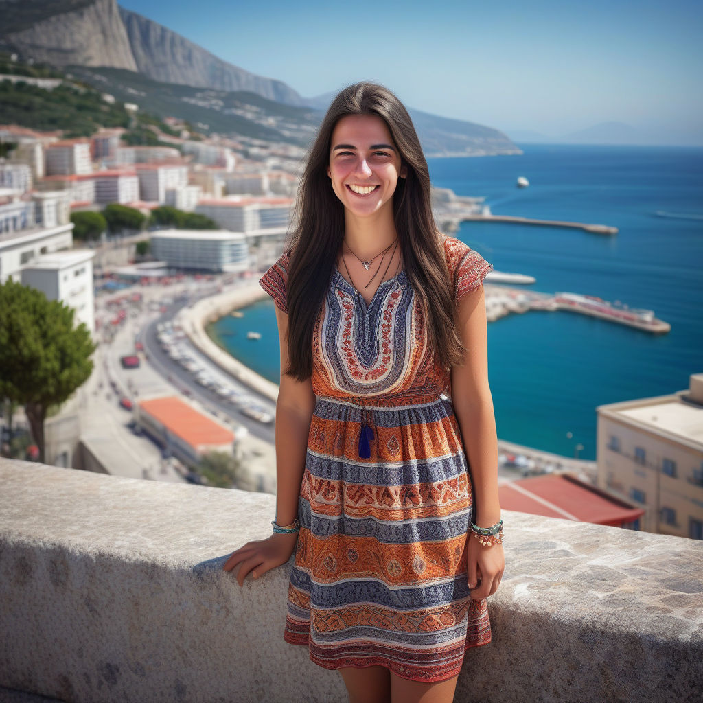 a young Gibraltarian woman in her mid-20s from Gibraltar. She has long, dark hair and a warm, bright smile. Her outfit reflects traditional Gibraltarian fashion: she is wearing a stylish, casual summer dress with vibrant patterns, paired with simple jewelry and comfortable sandals. The background features a picturesque view of Gibraltar's famous Rock and the Mediterranean Sea, capturing the essence of Gibraltarian culture and style.