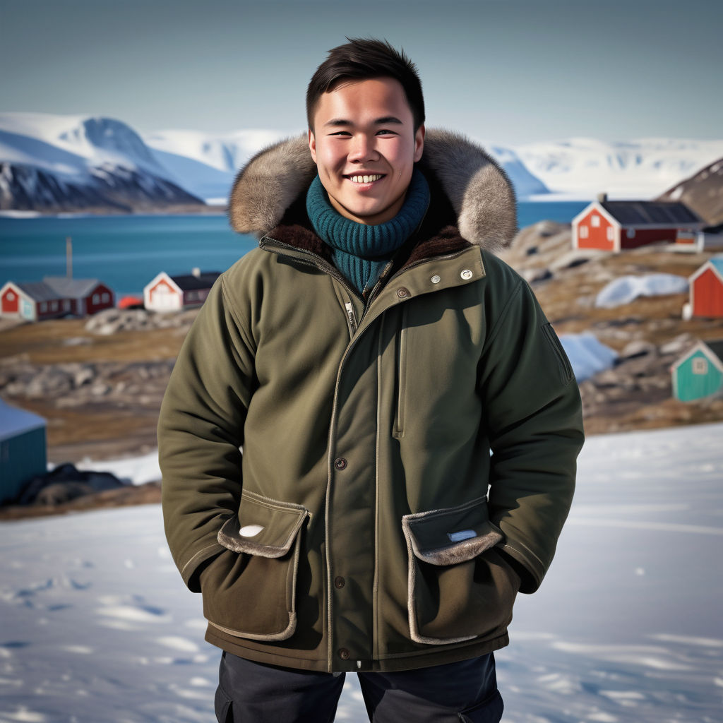 a young Greenlandic man in his mid-20s from Greenland. He has short, dark hair and a warm, friendly smile. His outfit reflects traditional Greenlandic fashion: he is wearing a thick, warm parka with fur trim, paired with sturdy trousers and boots suitable for cold weather. The background features a picturesque Greenlandic landscape with snow-covered mountains and icy waters, capturing the essence of Greenlandic culture and style.