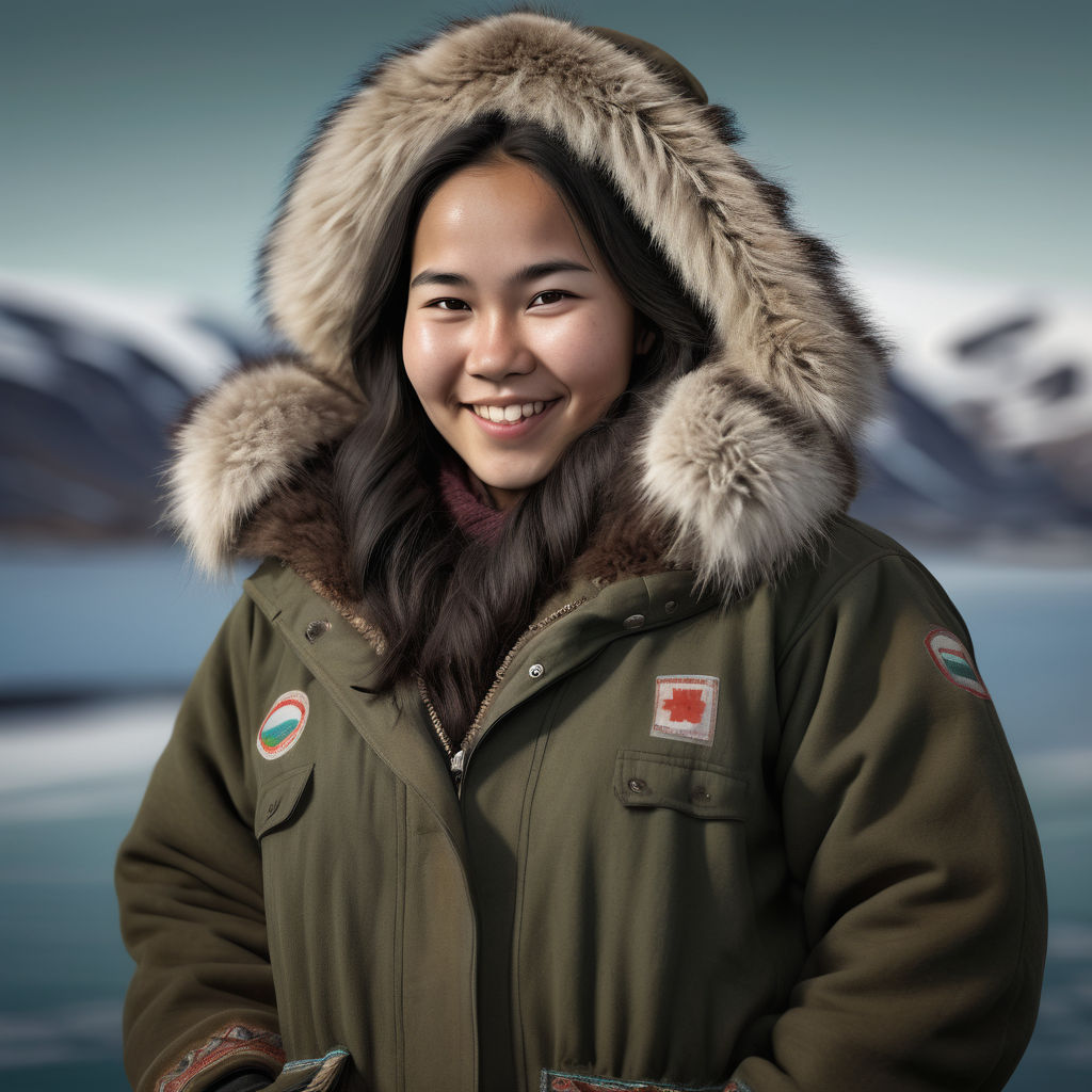 a young Greenlandic woman in her mid-20s from Greenland. She has long, dark hair and a warm, friendly smile. Her outfit reflects traditional Greenlandic fashion: she is wearing a thick, warm parka with fur trim, paired with sturdy trousers and boots suitable for cold weather. The background features a beautiful Greenlandic landscape with snow-covered mountains and icy waters, capturing the essence of Greenlandic culture and style.