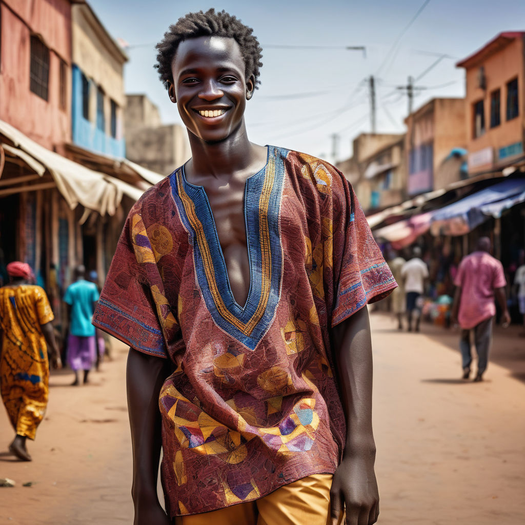 a young Gambian man in his mid-20s from The Gambia. He has short, curly black hair and a warm smile. His outfit reflects traditional Gambian fashion: he is wearing a colorful, embroidered kaftan paired with comfortable trousers and leather sandals. The background features a lively Gambian street with bustling markets and traditional architecture, capturing the essence of Gambian culture and style.