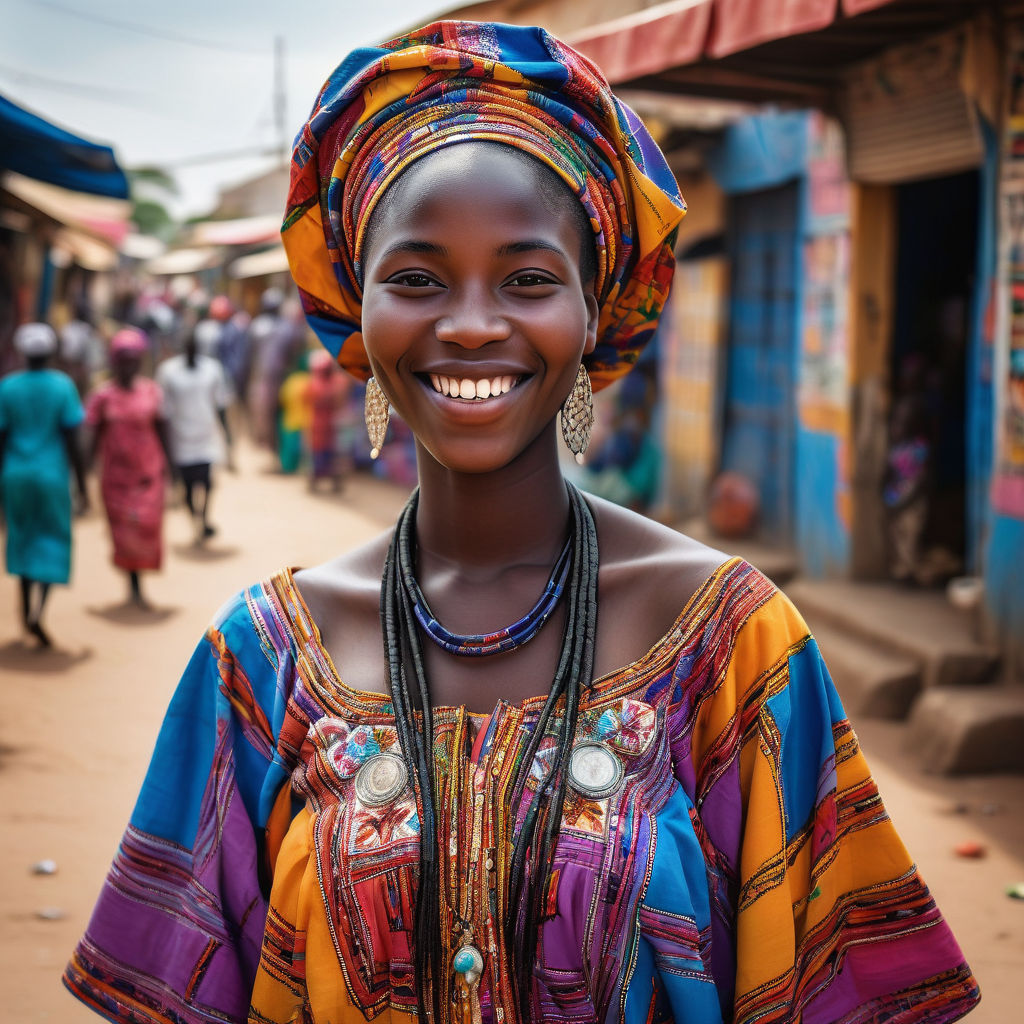 a young Gambian woman in her mid-20s from The Gambia. She has long, braided black hair and a bright smile. Her outfit reflects traditional Gambian fashion: she is wearing a colorful, embroidered boubou dress paired with traditional jewelry. The background features a lively Gambian street with bustling markets and traditional architecture, capturing the essence of Gambian culture and style.