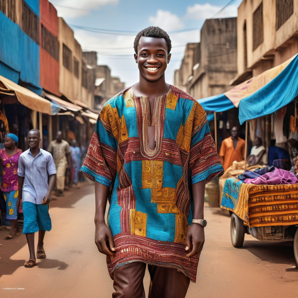 a young Guinean man in his mid-20s. He has short, curly black hair and a warm smile. His outfit reflects modern Guinean fashion: he is wearing a traditional boubou with vibrant patterns, paired with comfortable trousers and leather sandals. The background features a lively Guinean street with bustling markets and traditional architecture, capturing the essence of Guinean culture and style.