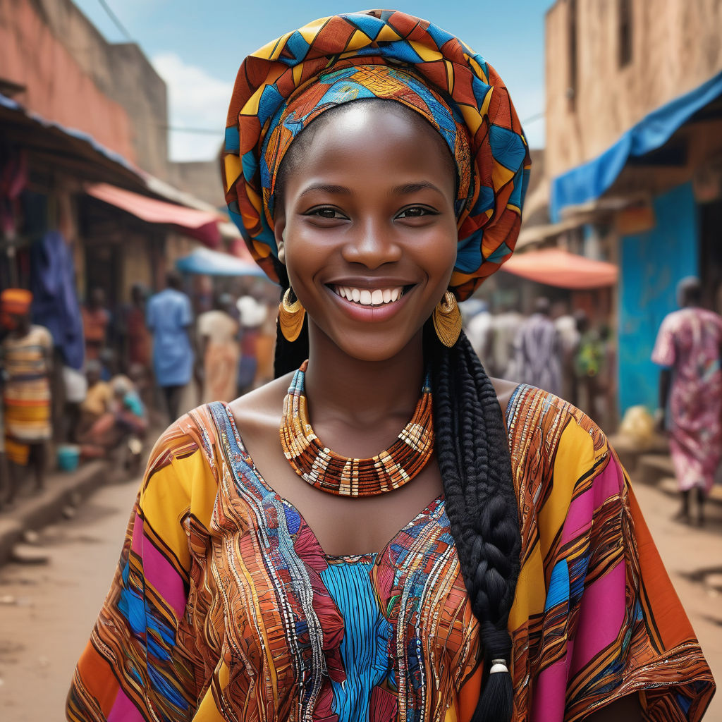 a young Guinean woman in her mid-20s. She has long, braided black hair and a bright smile. Her outfit reflects modern Guinean fashion: she is wearing a traditional boubou dress with vibrant patterns, paired with traditional jewelry. The background features a lively Guinean street with bustling markets and traditional architecture, capturing the essence of Guinean culture and style.