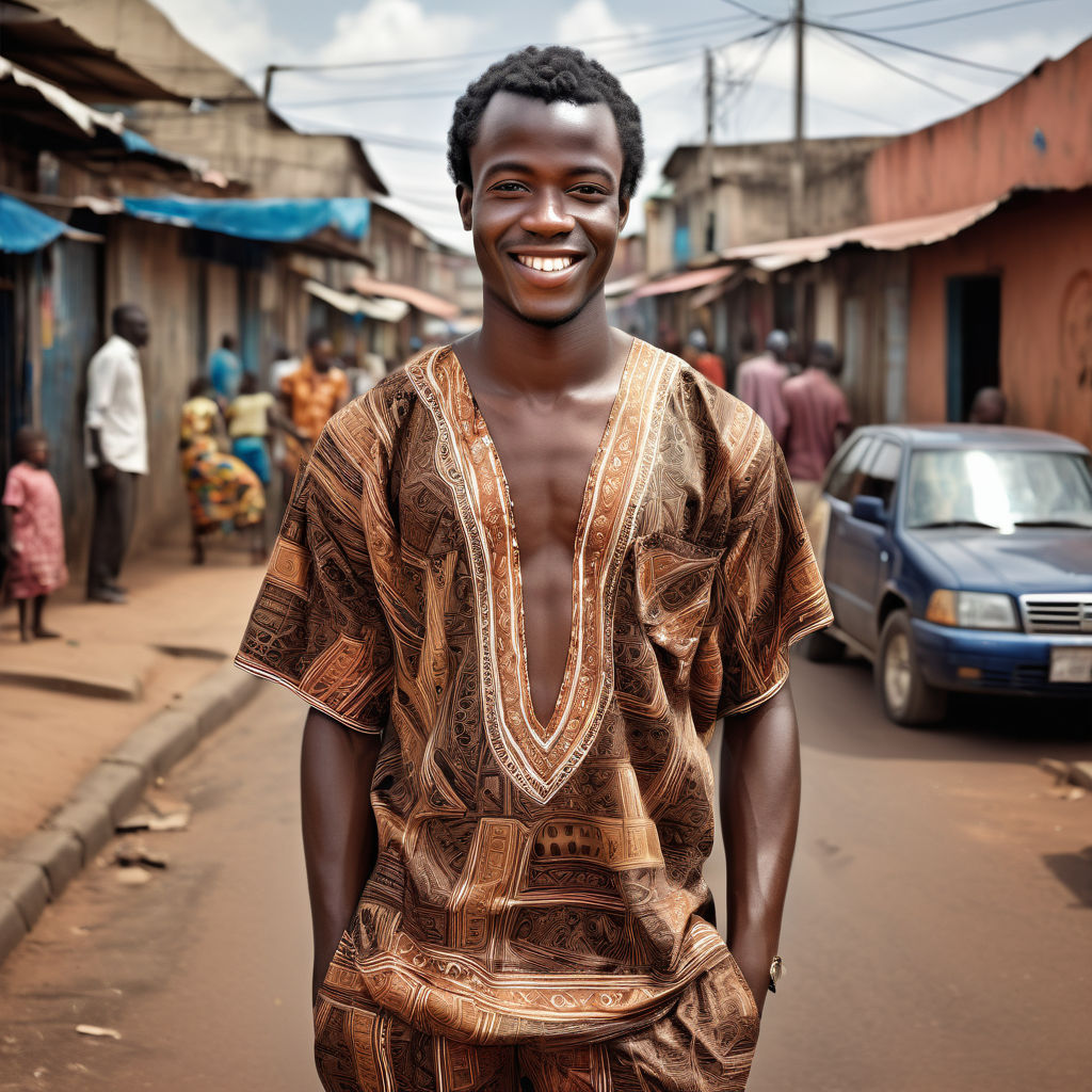 a young Equatoguinean man in his mid-20s from Equatorial Guinea. He has short, curly black hair and a warm smile. His outfit reflects modern Equatoguinean fashion: wearing a boubou with intricate patterns, paired with trousers and leather sandals. The background features a lively Equatoguinean street with bustling markets and traditional architecture, capturing the essence of Equatoguinean culture and style.