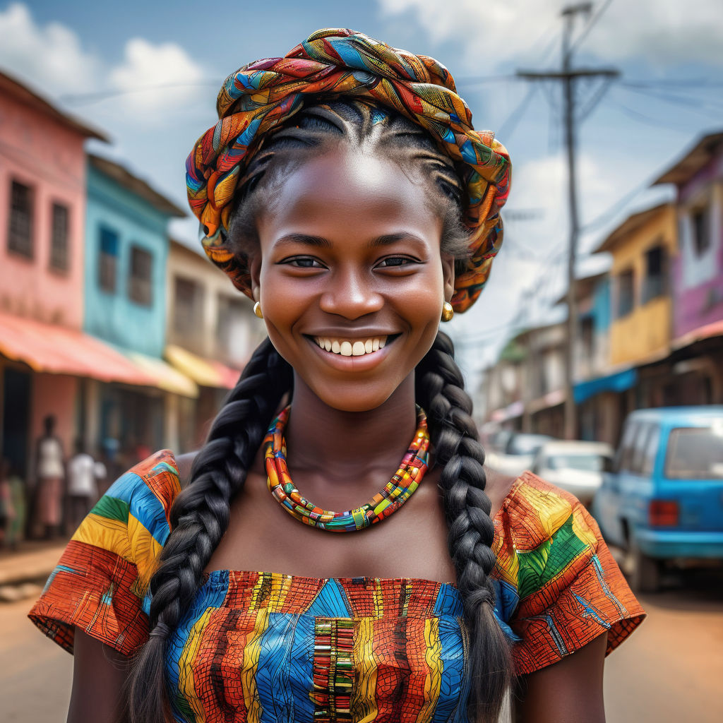 a young Equatoguinean woman in her mid-20s from Equatorial Guinea. She has long, braided black hair and a bright smile. Her outfit reflects modern Equatoguinean fashion: she is wearing a traditional dress with vibrant patterns, paired with traditional jewelry. The background features a lively Equatoguinean street with bustling markets and traditional architecture, capturing the essence of Equatoguinean culture and style.