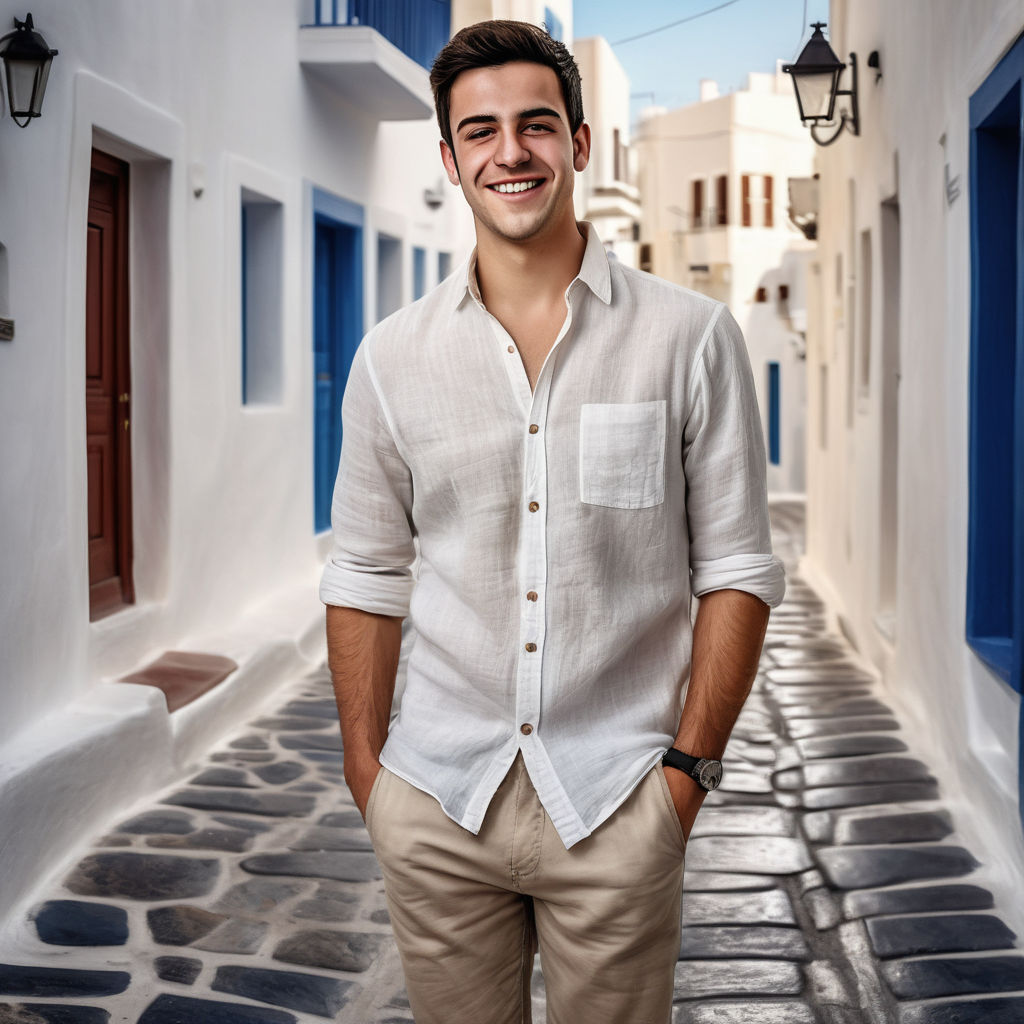 a young Greek man in his mid-20s. He has short, dark hair and a friendly smile. His outfit reflects modern Greek fashion: he is wearing a casual, fitted linen shirt paired with chinos and stylish loafers. The background features a picturesque Greek street with whitewashed buildings and a vibrant atmosphere, capturing the essence of Greek culture and style.