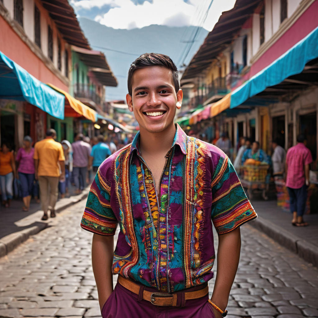 a young Guatemalan man in his mid-20s. He has short, dark hair and a warm smile. His outfit reflects traditional Guatemalan fashion: he is wearing a colorful huipil shirt with intricate patterns, paired with casual trousers and sandals. The background features a lively Guatemalan street with vibrant markets and traditional architecture, capturing the essence of Guatemalan culture and style.