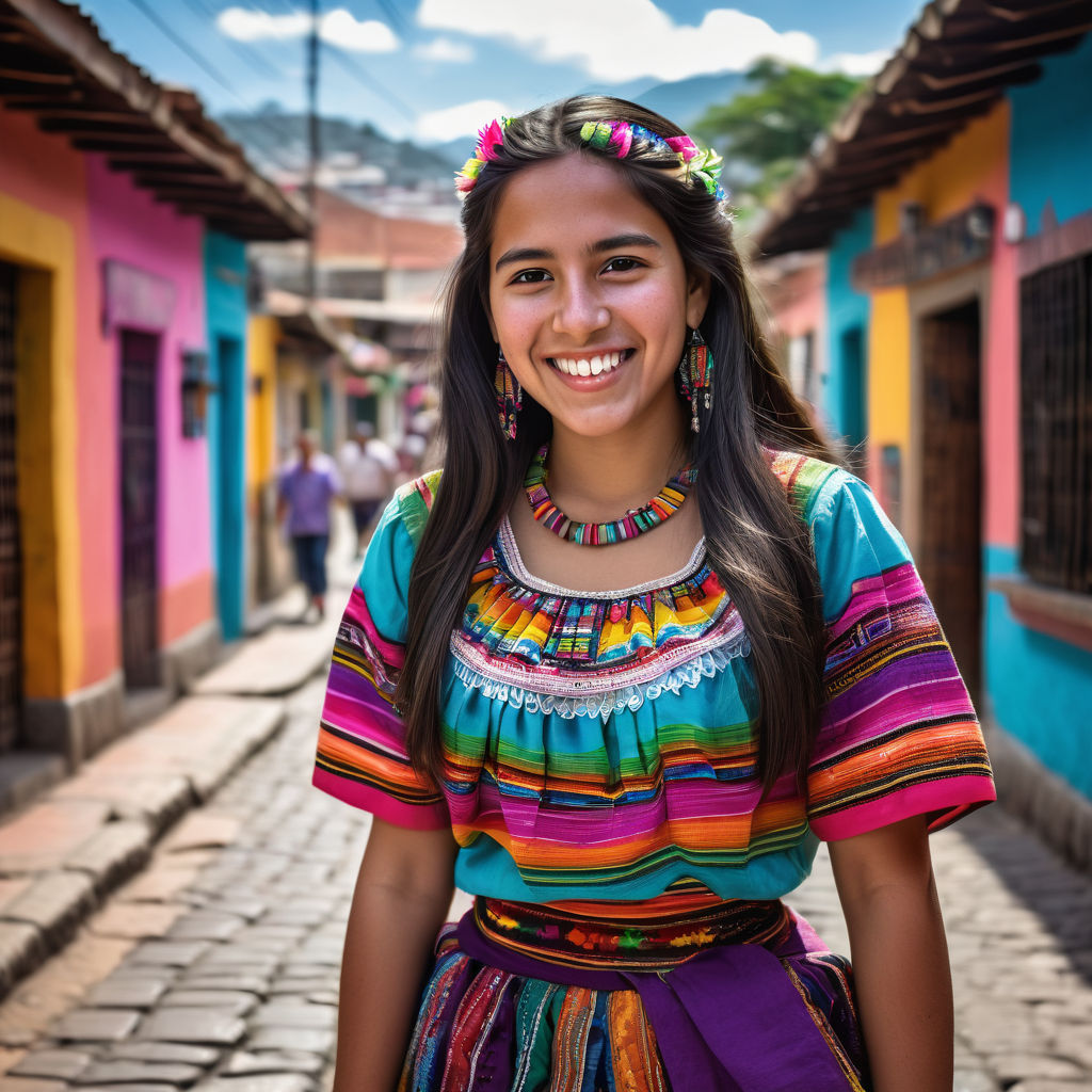 a young Guatemalan woman in her mid-20s. She has long, dark hair and a bright smile. Her outfit reflects traditional Guatemalan fashion: she is wearing a colorful huipil blouse with intricate patterns, paired with a traditional corte skirt and sash. The background features a lively Guatemalan street with vibrant markets and traditional architecture, capturing the essence of Guatemalan culture and style.