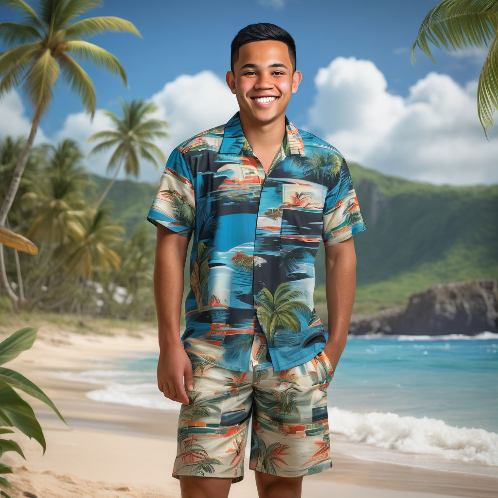 a young Guamanian man in his mid-20s from Guam. He has short, black hair and a relaxed, friendly smile. His outfit reflects traditional Guamanian fashion: he is wearing a casual, tropical shirt with island patterns, paired with comfortable shorts and flip-flops. The background features a picturesque Guamanian beach with clear blue waters and swaying palm trees, capturing the essence of Guamanian culture and style.