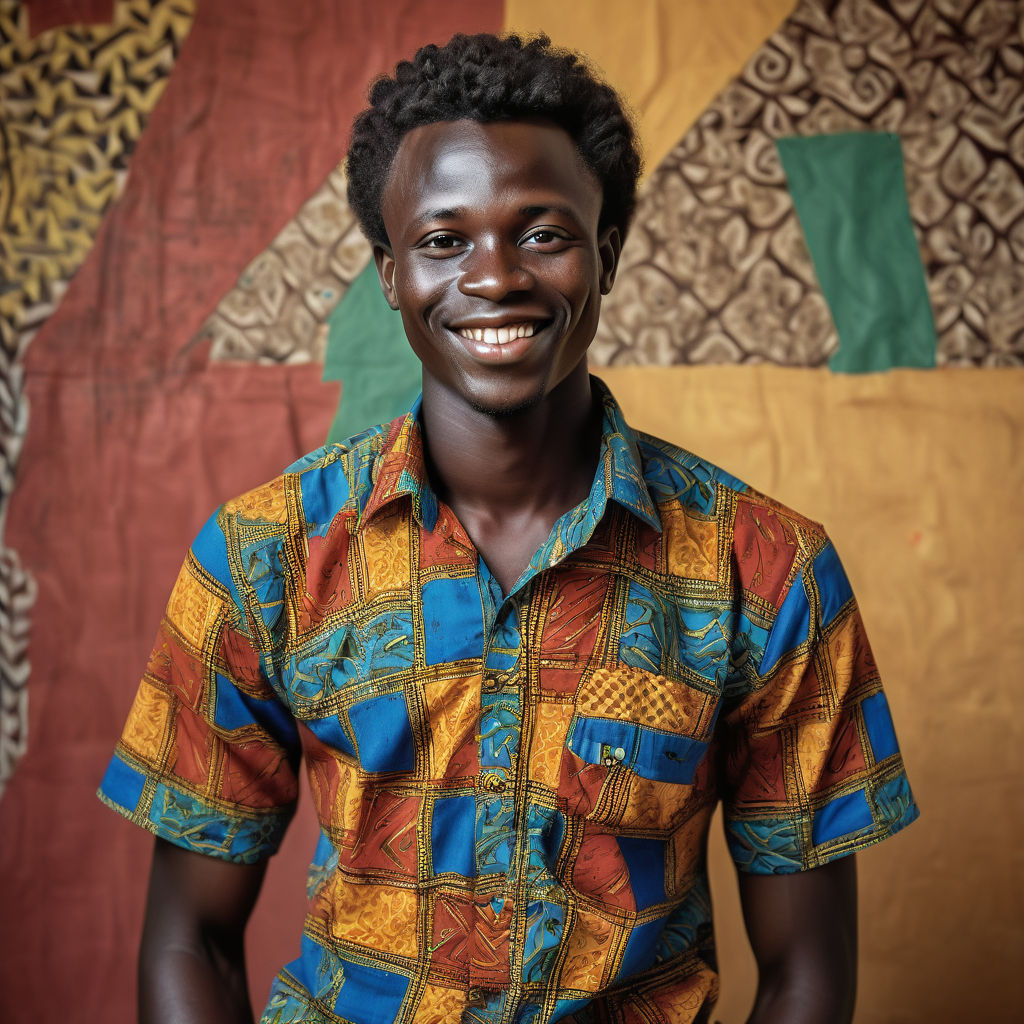 a young Bissau-Guinean man in his mid-20s from Guinea-Bissau. He has short, curly black hair and a warm, confident smile. His outfit reflects traditional Bissau-Guinean fashion: wearing a colorful, patterned shirt with intricate designs, paired with loose-fitting trousers. The background features a lively Guinea-Bissau street with traditional buildings and bustling markets, capturing the essence of Bissau-Guinean culture and style.