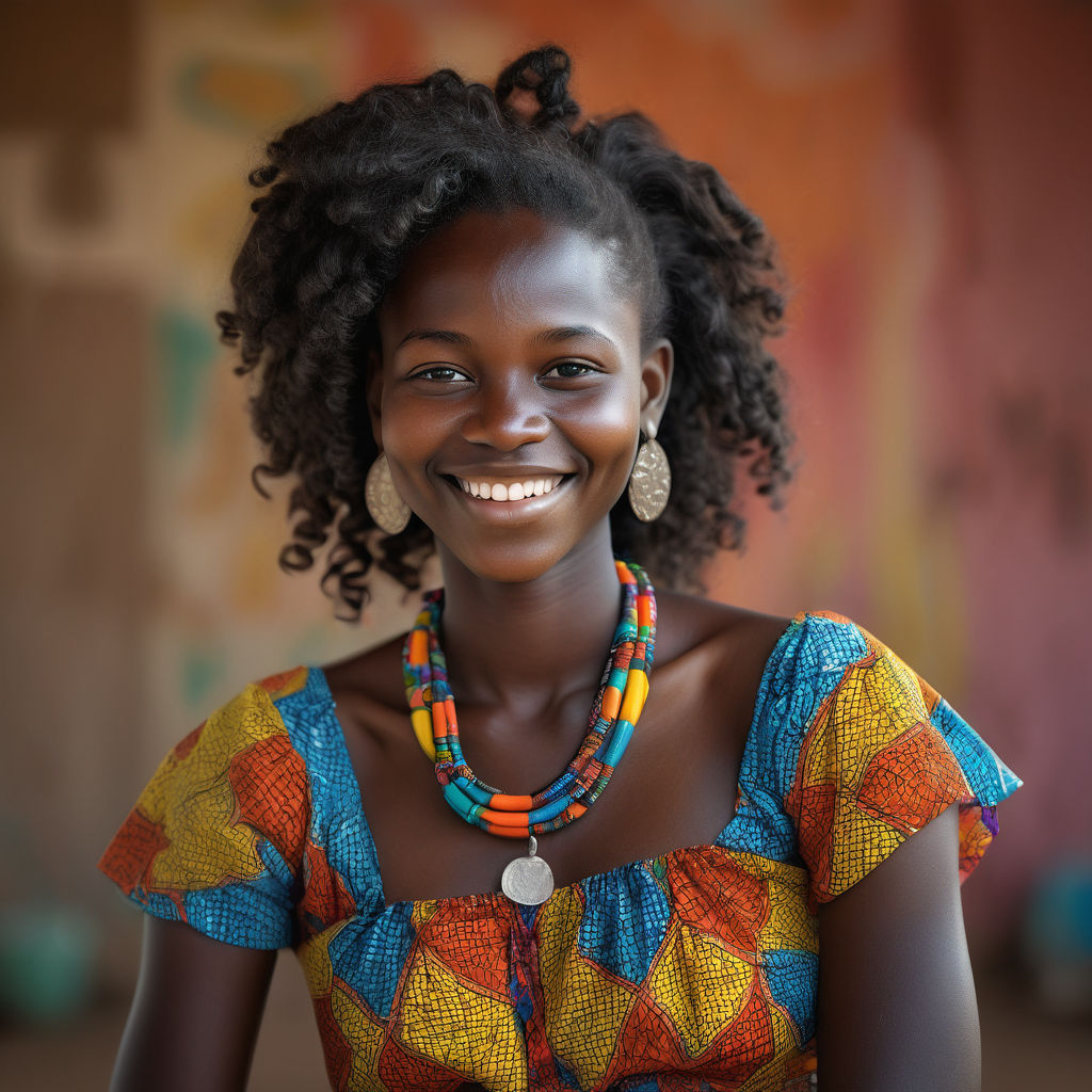 a young Bissau-Guinean woman in her mid-20s from Guinea-Bissau. She has long, curly black hair and a bright, welcoming smile. Her outfit reflects Bissau-Guinean fashion: wearing a colorful, patterned dress with intricate designs, paired with simple jewelry. The background features a lively Guinea-Bissau street with traditional buildings and bustling markets, capturing the essence of Bissau-Guinean culture and style.