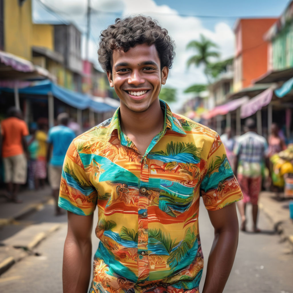 a young Guyanese man in his mid-20s from Guyana. He has short, curly black hair and a warm smile. His outfit reflects modern Guyanese fashion: he is wearing a colorful, casual shirt with tropical patterns, paired with comfortable trousers and sandals. The background features a lively Guyanese street with vibrant markets and traditional wooden houses, capturing the essence of Guyanese culture and style.