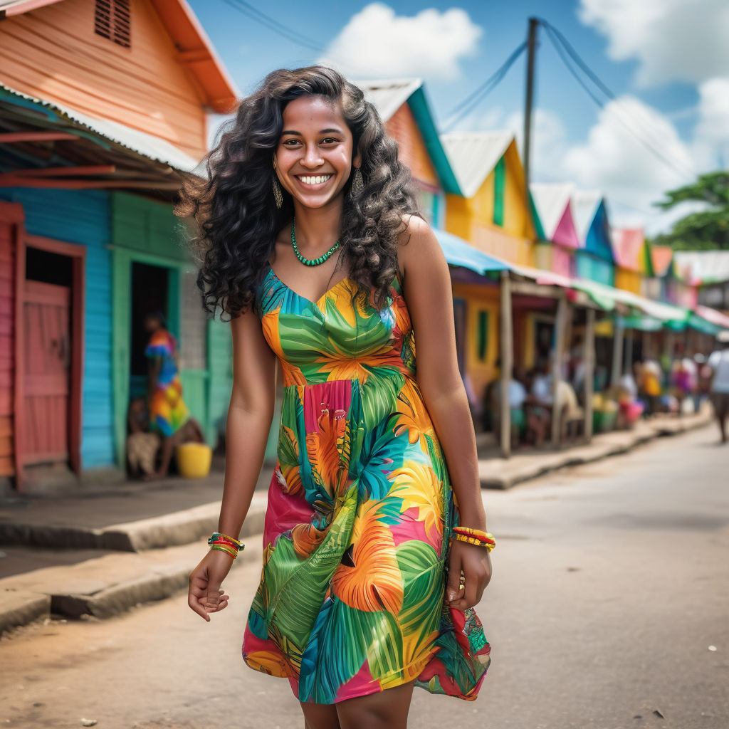 a young Guyanese woman in her mid-20s from Guyana. She has long, curly black hair and a bright smile. Her outfit reflects modern Guyanese fashion: she is wearing a colorful, tropical dress paired with stylish sandals and traditional jewelry. The background features a lively Guyanese street with vibrant markets and traditional wooden houses, capturing the essence of Guyanese culture and style.