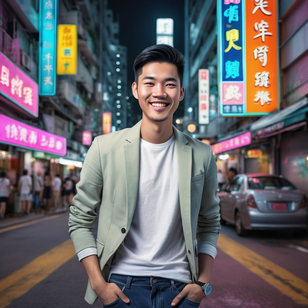 a young Hong Kong man in his mid-20s. He has short, black hair and a confident smile. His outfit reflects modern Hong Kong fashion: he is wearing a stylish, fitted blazer over a casual t-shirt, paired with slim-fit jeans and sneakers. The background features a bustling Hong Kong street with neon signs and skyscrapers, capturing the vibrant essence of Hong Kong culture and style.