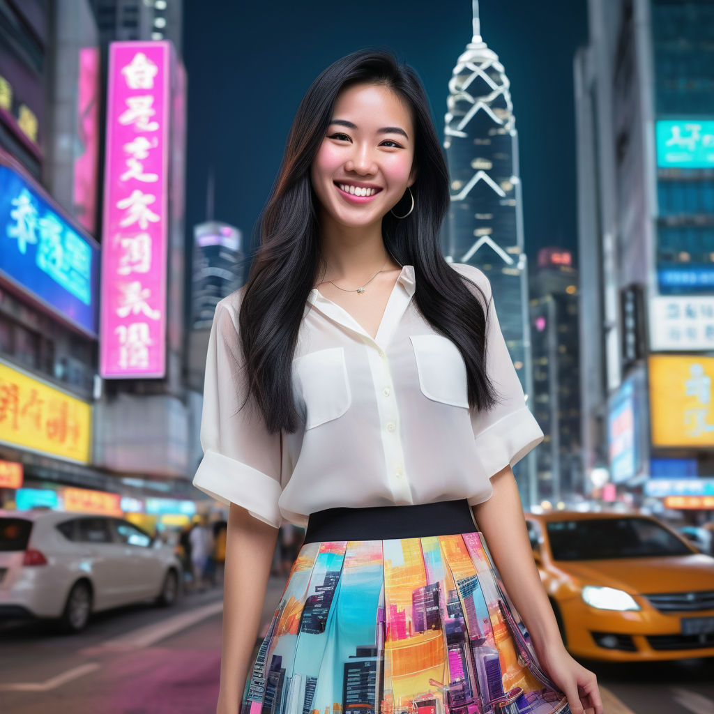 a young Hong Kong woman in her mid-20s. She has long, black hair and a bright smile. Her outfit reflects modern Hong Kong fashion: she is wearing a stylish, fitted blouse paired with a fashionable skirt and ankle boots. The background features a bustling Hong Kong street with neon signs and skyscrapers, capturing the vibrant essence of Hong Kong culture and style.