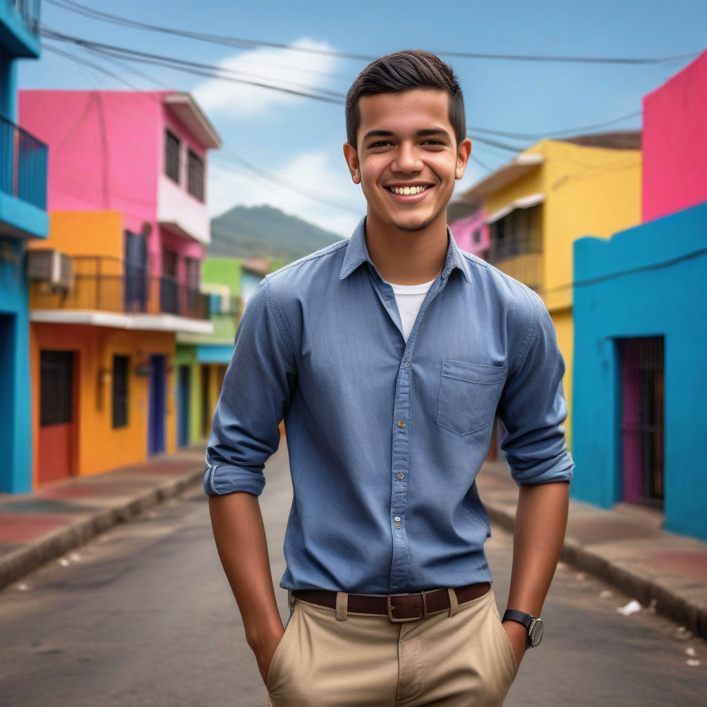 a young Honduran man in his mid-20s. He has short, dark hair and a friendly smile. His outfit reflects modern Honduran fashion: he is wearing a casual, fitted shirt paired with lightweight trousers and stylish loafers. The background features a lively Honduran street with colorful buildings and a vibrant atmosphere, capturing the essence of Honduran culture and style.