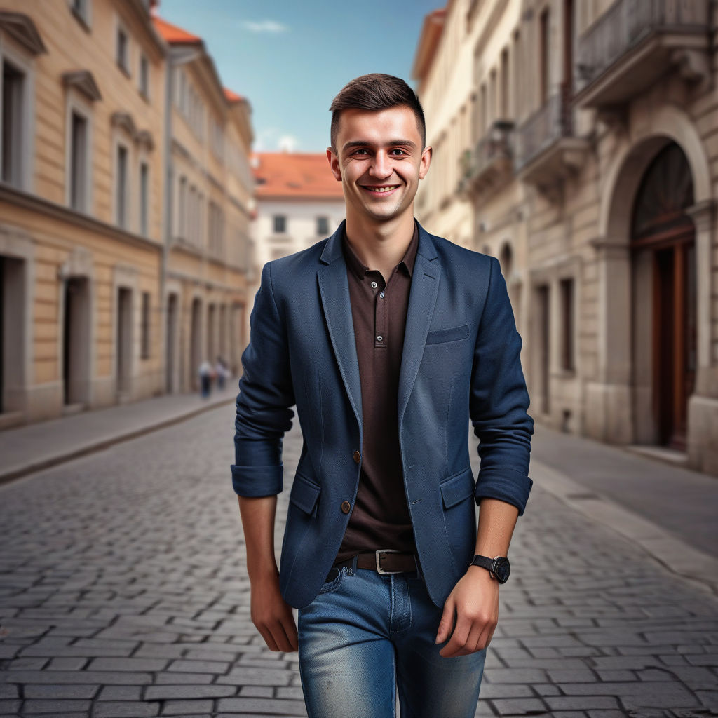 a young Croatian man in his mid-20s. He has short, dark brown hair and a friendly smile. His outfit reflects modern Croatian fashion: he is wearing a stylish, fitted blazer over a casual shirt, paired with slim-fit jeans and leather shoes. The background features a picturesque Croatian street with historic buildings and a vibrant atmosphere, capturing the essence of Croatian culture and style.