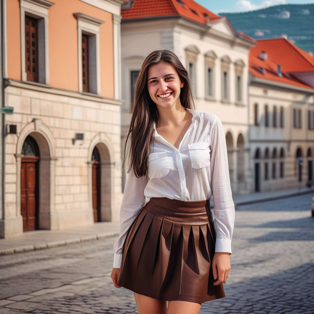 a young Croatian woman in her mid-20s. She has long, dark brown hair and a bright smile. Her outfit reflects modern Croatian fashion: she is wearing a stylish, fitted blouse paired with a fashionable skirt and ankle boots. The background features a picturesque Croatian street with historic buildings and a vibrant atmosphere, capturing the essence of Croatian culture and style.