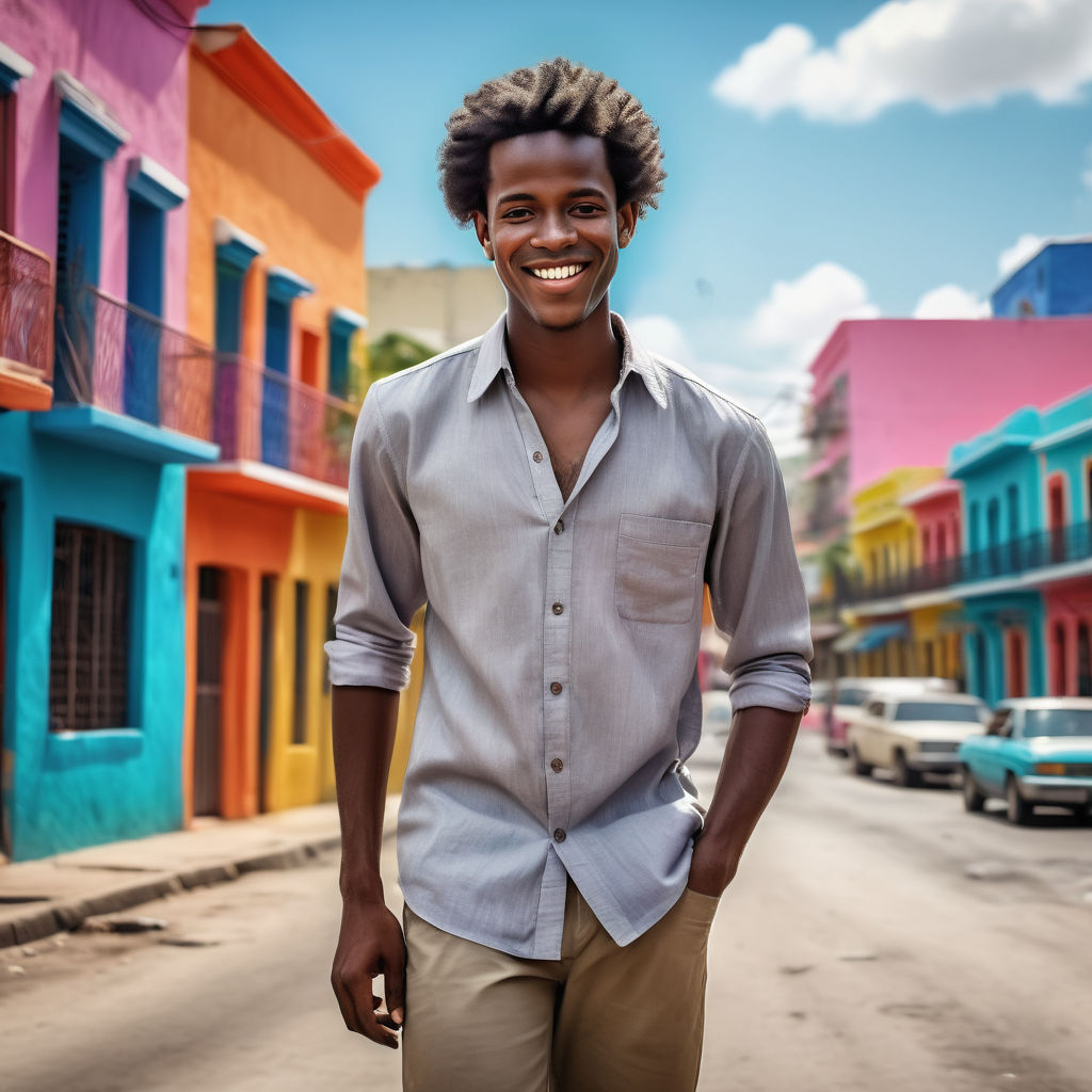 a young Haitian man in his mid-20s. He has short, curly black hair and a friendly smile. His outfit reflects modern Haitian fashion: he is wearing a casual, fitted guayabera shirt paired with lightweight trousers and stylish loafers. The background features a lively Haitian street with colorful buildings and a vibrant atmosphere, capturing the essence of Haitian culture and style.