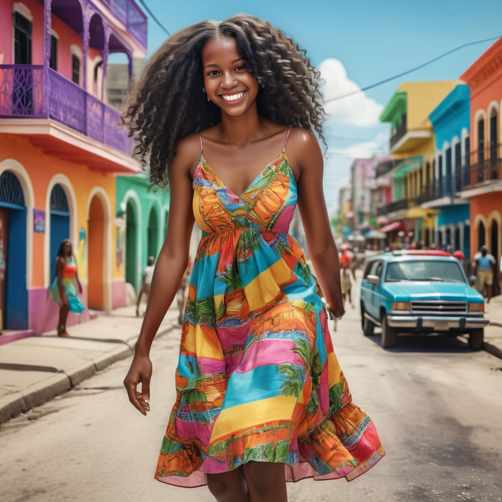 a young Haitian woman in her mid-20s. She has long, curly black hair and a bright smile. Her outfit reflects modern Haitian fashion: she is wearing a colorful, fitted sundress paired with stylish sandals. The background features a lively Haitian street with vibrant buildings and a festive atmosphere, capturing the essence of Haitian culture and style.