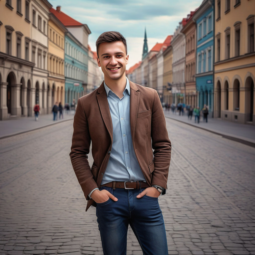 a young Hungarian man in his mid-20s. He has short, dark brown hair and a friendly smile. His outfit reflects modern Hungarian fashion: he is wearing a stylish, fitted blazer over a casual shirt, paired with slim-fit jeans and leather shoes. The background features a picturesque Hungarian street with historic buildings and a vibrant atmosphere, capturing the essence of Hungarian culture and style.