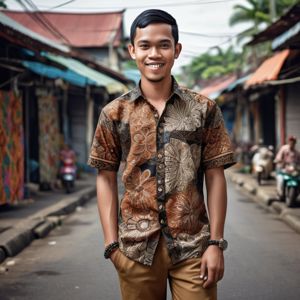 a young Indonesian man in his mid-20s. He has short, black hair and brown eyes with a friendly expression. He is dressed in traditional Indonesian fashion, wearing a batik shirt with intricate patterns, paired with casual trousers and sandals. He accessorizes with a watch and a beaded bracelet. The background features a vibrant Indonesian street market, showcasing the rich culture and lively atmosphere of Indonesia.